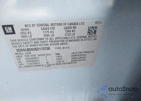 2014 Chevrolet Equinox 1Lt из США, поврежденный, VIN 2GNALBEK0E6170706